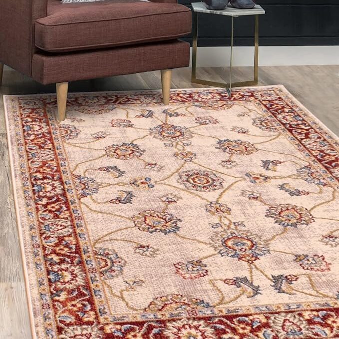 Traditional Bordered Rug Oriental Floral Design for Living Room Bedroom Lounge Soft Quality Classic Rug Cream Red Large 160x225 cm Traditional Bordered Rug Oriental Floral Design for Living Room Bedroom Lounge Soft Quality Classic Rug Cream Red Large 160x225 cm