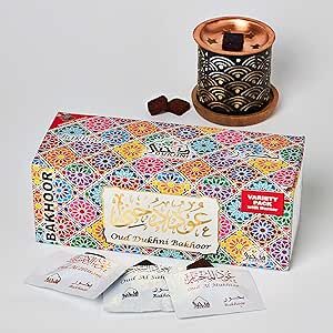 91sAiLY3jWL.__AC_SX300_SY300_QL70_ML2_ Oud Bakhoor Variety Box & Burner by Dukhni | Islamic, Eid & Ramadan Gifts | Arabian Oudh Incense Set with Candle Incense burner| 20 pcs arabic bukhour incense bricks, 10 mixed scents | Home fragrance