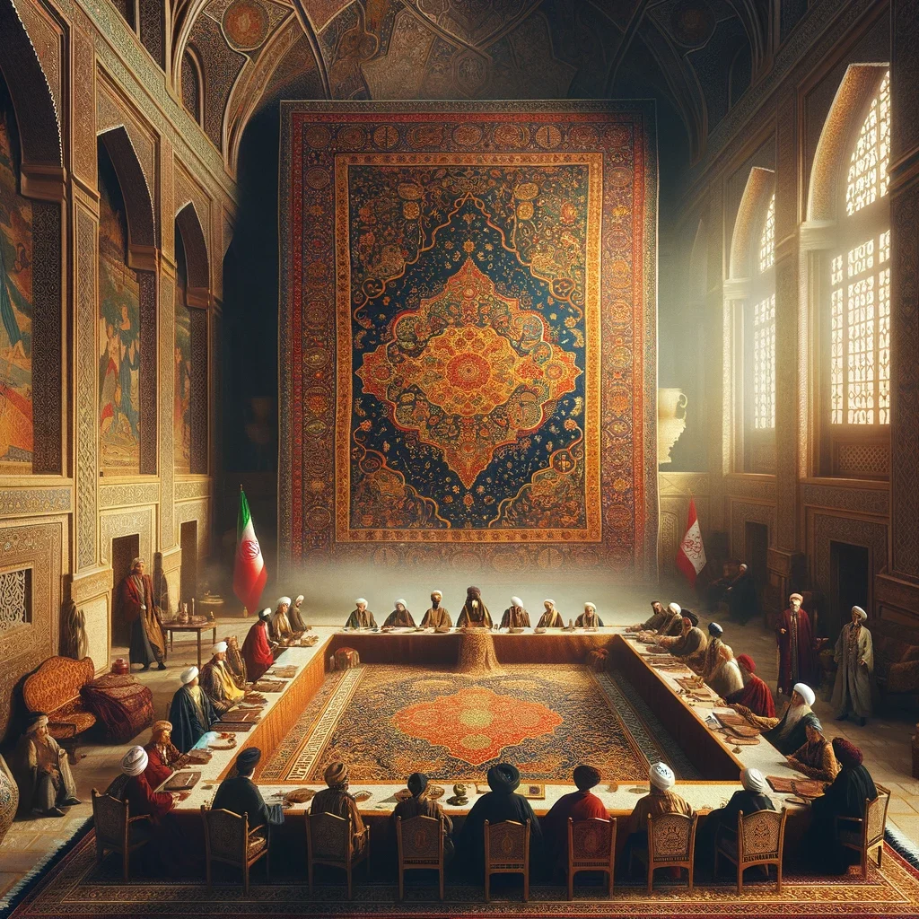 famous historical scene with an iconic Persian rug